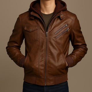 Sergio Leather Hooded Bomber